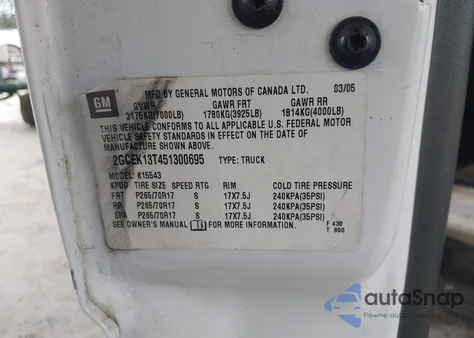 2005 Chevrolet Silverado 1500 Lt z USA, uszkodzony, nr VIN 2GCEK13T451300695